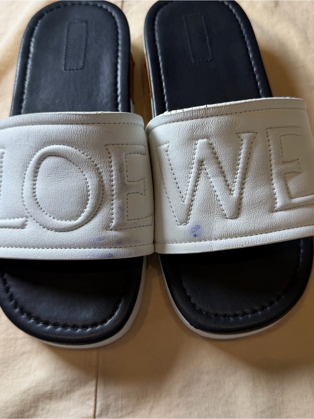 Loewe White and Black Leather Logo Slide Sandals